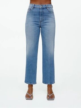 ARKET Rose Cropped Straight Stretch Jeans Ankle High Rise Slim Denim Blue